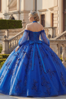 Beaded Princess Glitter Floral Royal Blue Long Quinceanera Dress with Bow