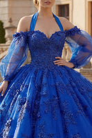 Load image into Gallery viewer, Beaded Princess Glitter Floral Royal Blue Long Quinceanera Dress with Bow