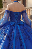 Load image into Gallery viewer, Beaded Princess Glitter Floral Royal Blue Long Quinceanera Dress with Bow