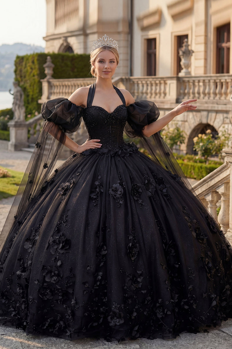 Load image into Gallery viewer, Black Beaded Princess Glitter Long Floral Quinceanera Dress with Cape