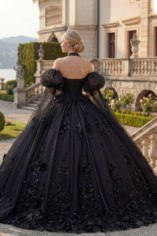 Black Beaded Princess Glitter Long Floral Quinceanera Dress with Cape