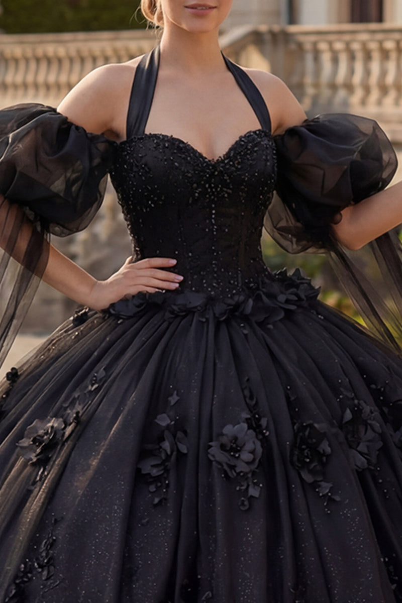 Load image into Gallery viewer, Black Beaded Princess Glitter Long Floral Quinceanera Dress with Cape
