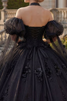 Load image into Gallery viewer, Black Beaded Princess Glitter Long Floral Quinceanera Dress with Cape