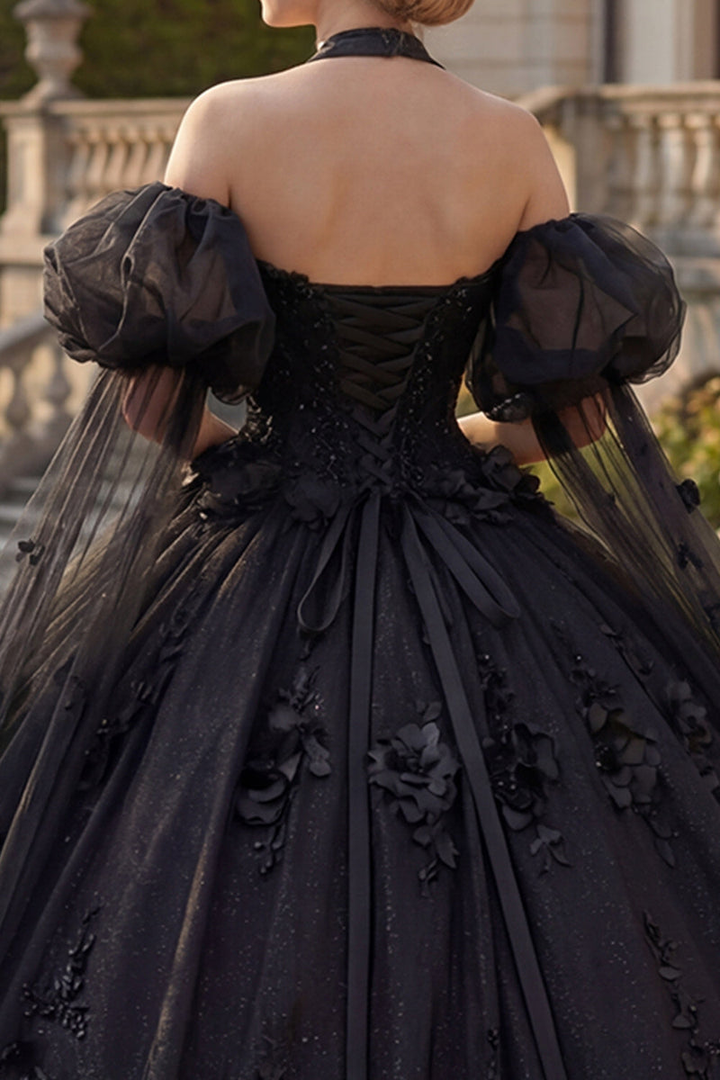 Load image into Gallery viewer, Black Beaded Princess Glitter Long Floral Quinceanera Dress with Cape