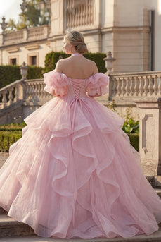 Princess Glitter Blush Halter Long Quinceanera Dress with Ruffles