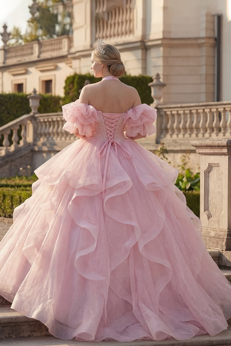 Load image into Gallery viewer, Princess Glitter Blush Halter Long Quinceanera Dress with Ruffles