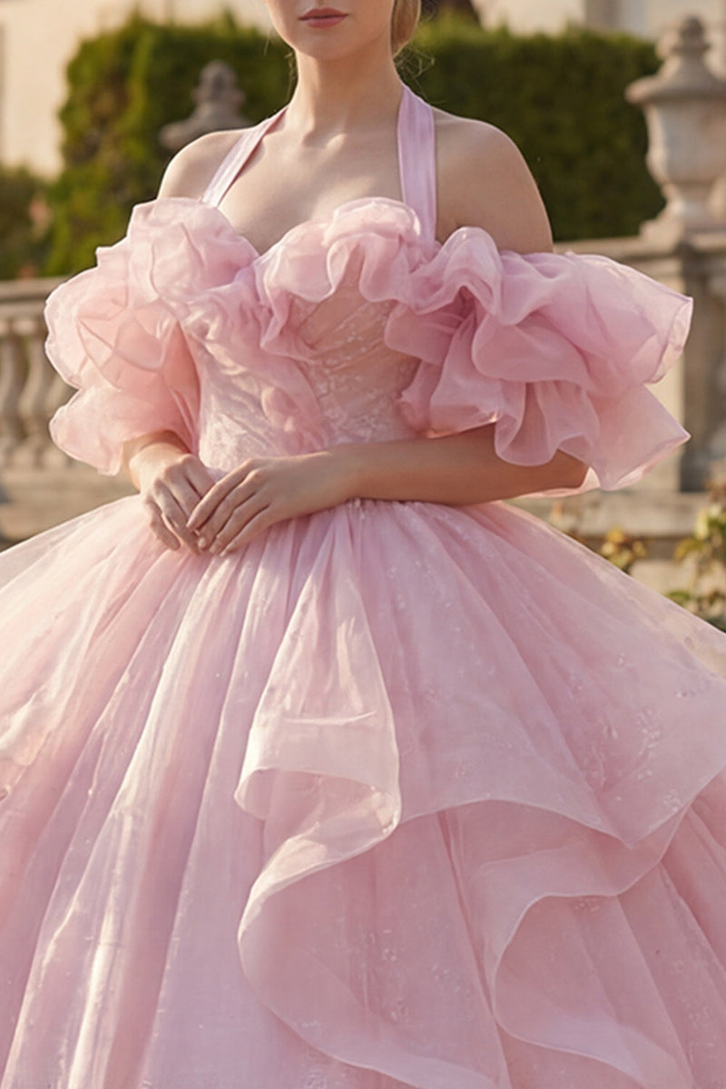 Load image into Gallery viewer, Princess Glitter Blush Halter Long Quinceanera Dress with Ruffles