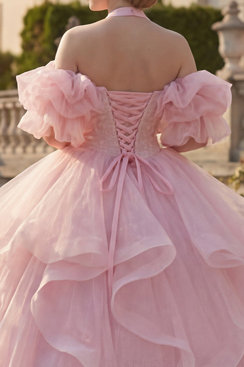Load image into Gallery viewer, Princess Glitter Blush Halter Long Quinceanera Dress with Ruffles