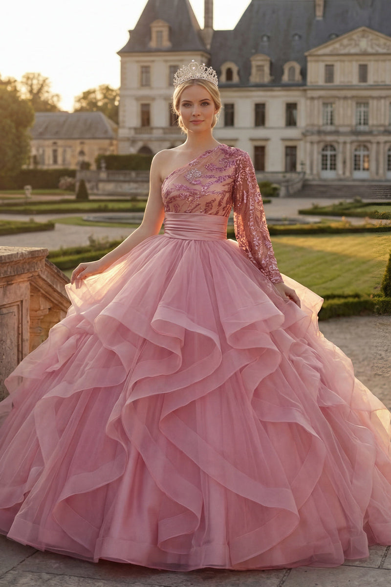 Load image into Gallery viewer, Princess Sequin Pink Sparkly Long Quinceanera Dress with Ruffles