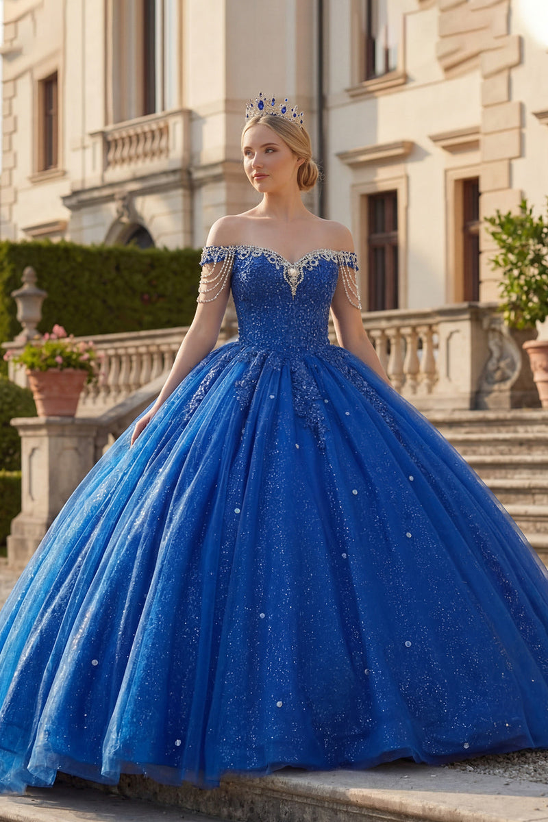 Load image into Gallery viewer, Sparkly Royal Blue Princess Beaded Long Quinceanera Dress with Fringes