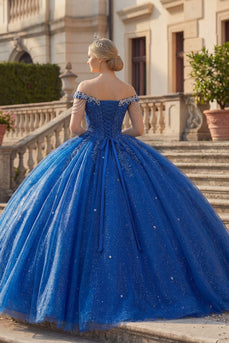 Sparkly Royal Blue Princess Beaded Long Quinceanera Dress with Fringes