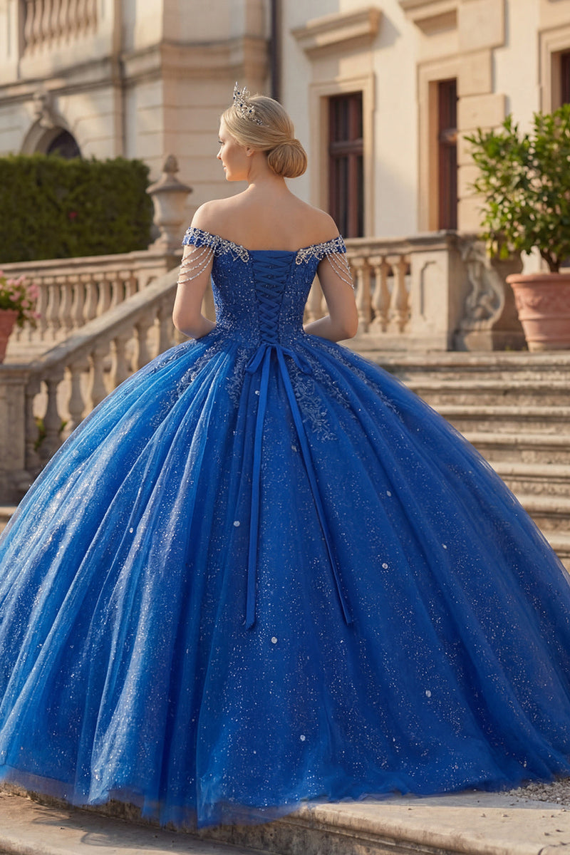 Load image into Gallery viewer, Sparkly Royal Blue Princess Beaded Long Quinceanera Dress with Fringes