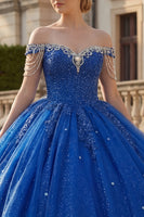 Load image into Gallery viewer, Sparkly Royal Blue Princess Beaded Long Quinceanera Dress with Fringes
