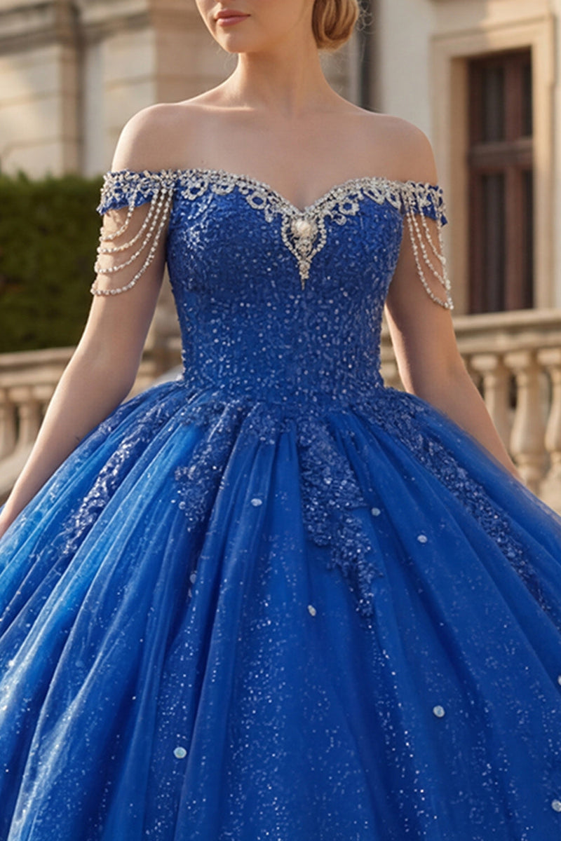 Load image into Gallery viewer, Sparkly Royal Blue Princess Beaded Long Quinceanera Dress with Fringes