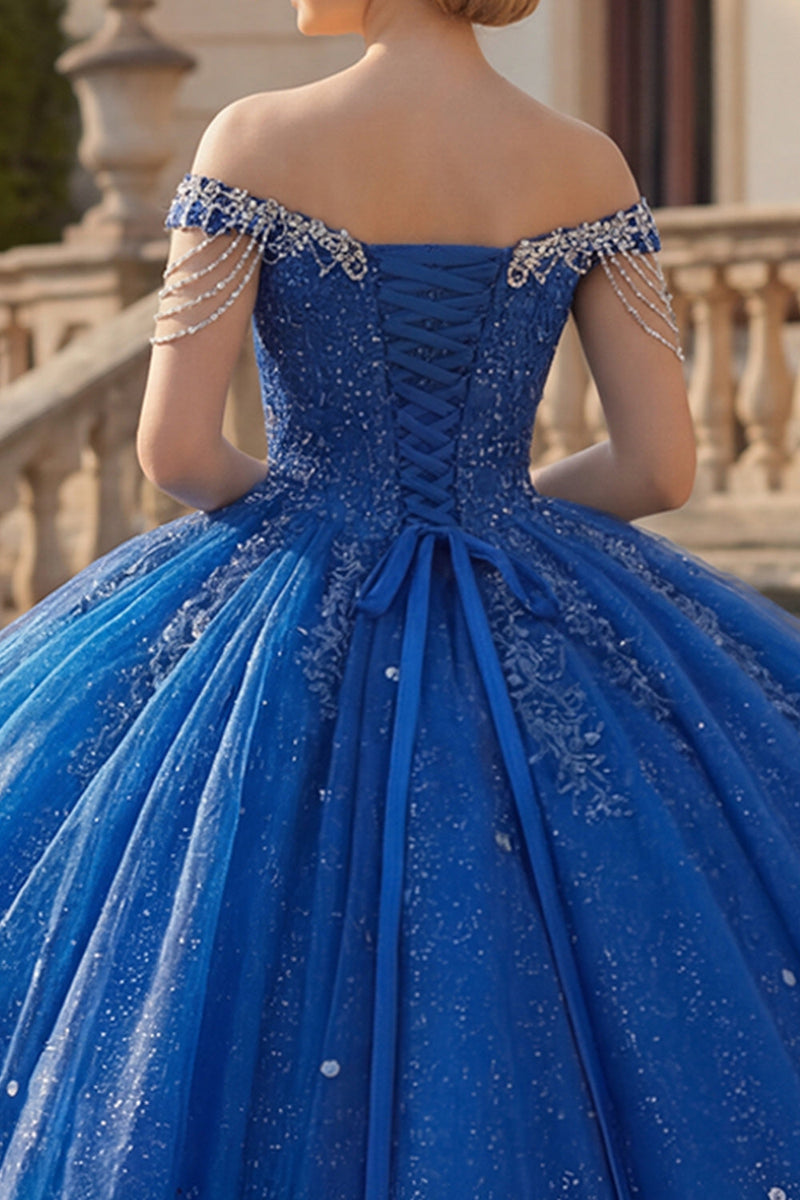 Load image into Gallery viewer, Sparkly Royal Blue Princess Beaded Long Quinceanera Dress with Fringes