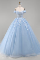 Load image into Gallery viewer, Floral Long Corset Princess Light Blue Quinceanera Dress with Pearls