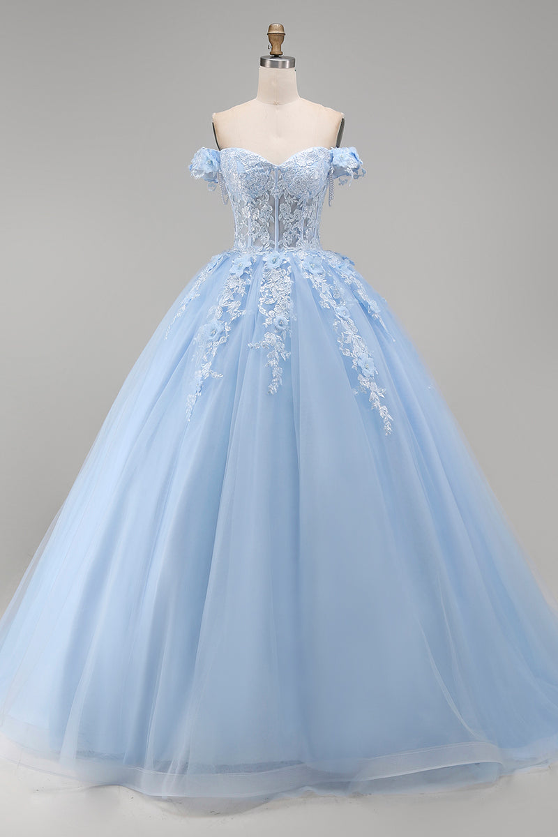 Load image into Gallery viewer, Floral Long Corset Princess Light Blue Quinceanera Dress with Pearls