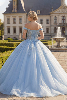Floral Long Corset Princess Light Blue Quinceanera Dress with Pearls