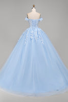 Load image into Gallery viewer, Floral Long Corset Princess Light Blue Quinceanera Dress with Pearls