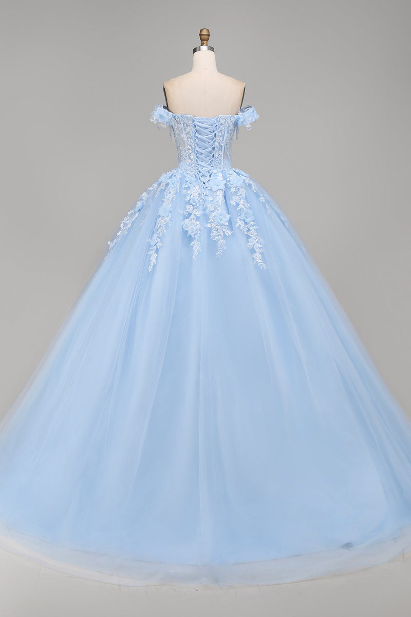 Load image into Gallery viewer, Floral Long Corset Princess Light Blue Quinceanera Dress with Pearls