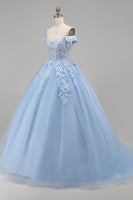 Load image into Gallery viewer, Floral Long Corset Princess Light Blue Quinceanera Dress with Pearls