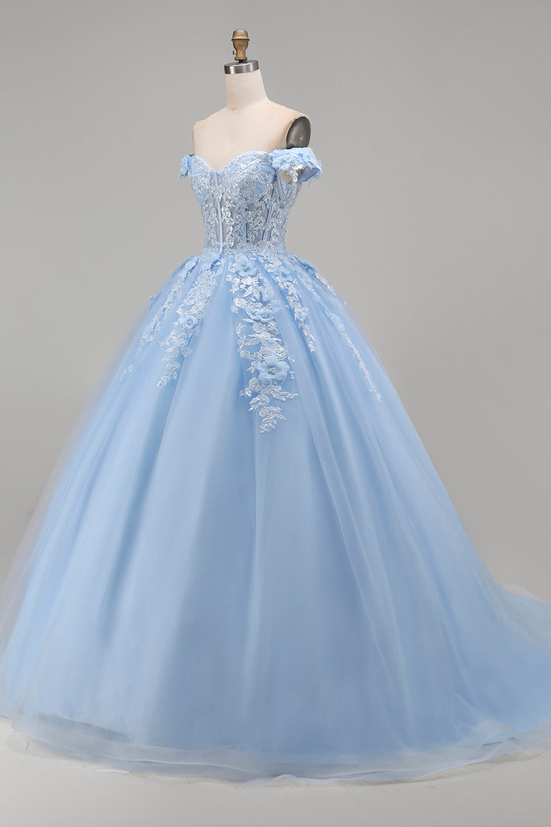 Load image into Gallery viewer, Floral Long Corset Princess Light Blue Quinceanera Dress with Pearls