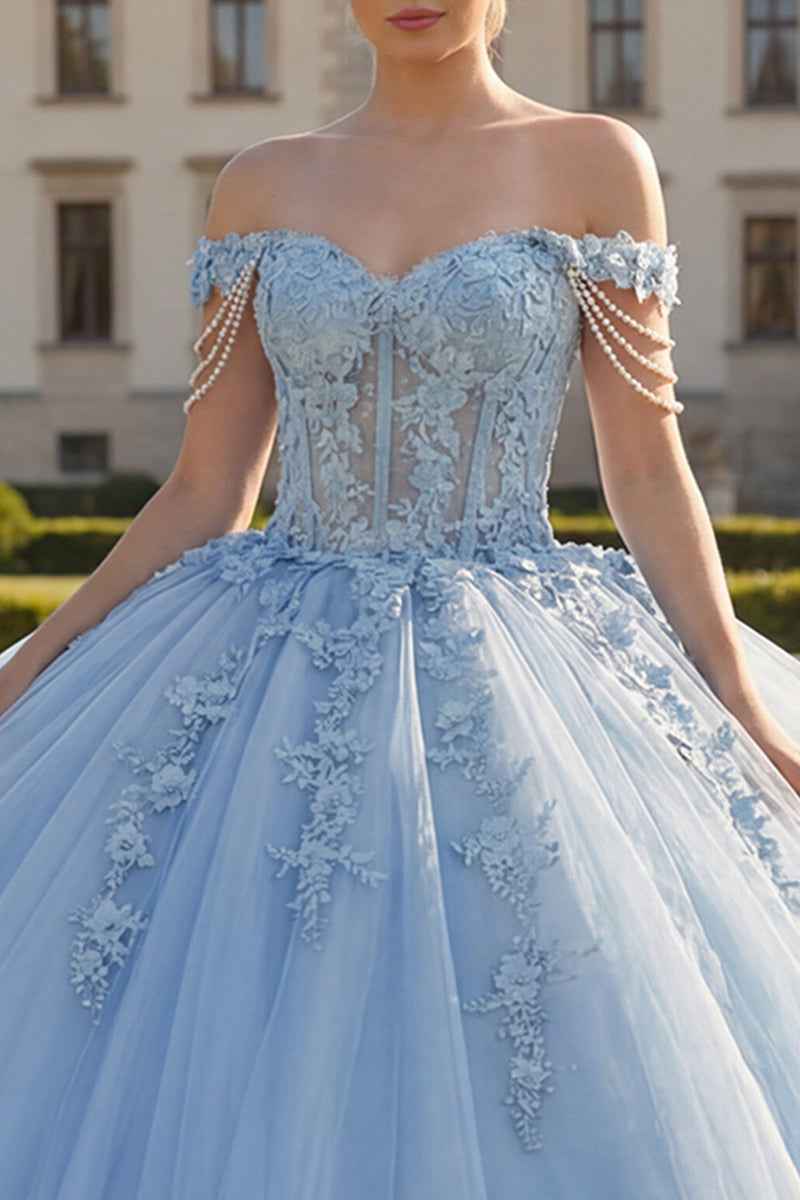 Load image into Gallery viewer, Floral Long Corset Princess Light Blue Quinceanera Dress with Pearls