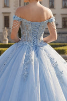 Load image into Gallery viewer, Floral Long Corset Princess Light Blue Quinceanera Dress with Pearls
