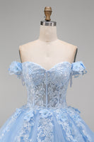 Load image into Gallery viewer, Floral Long Corset Princess Light Blue Quinceanera Dress with Pearls