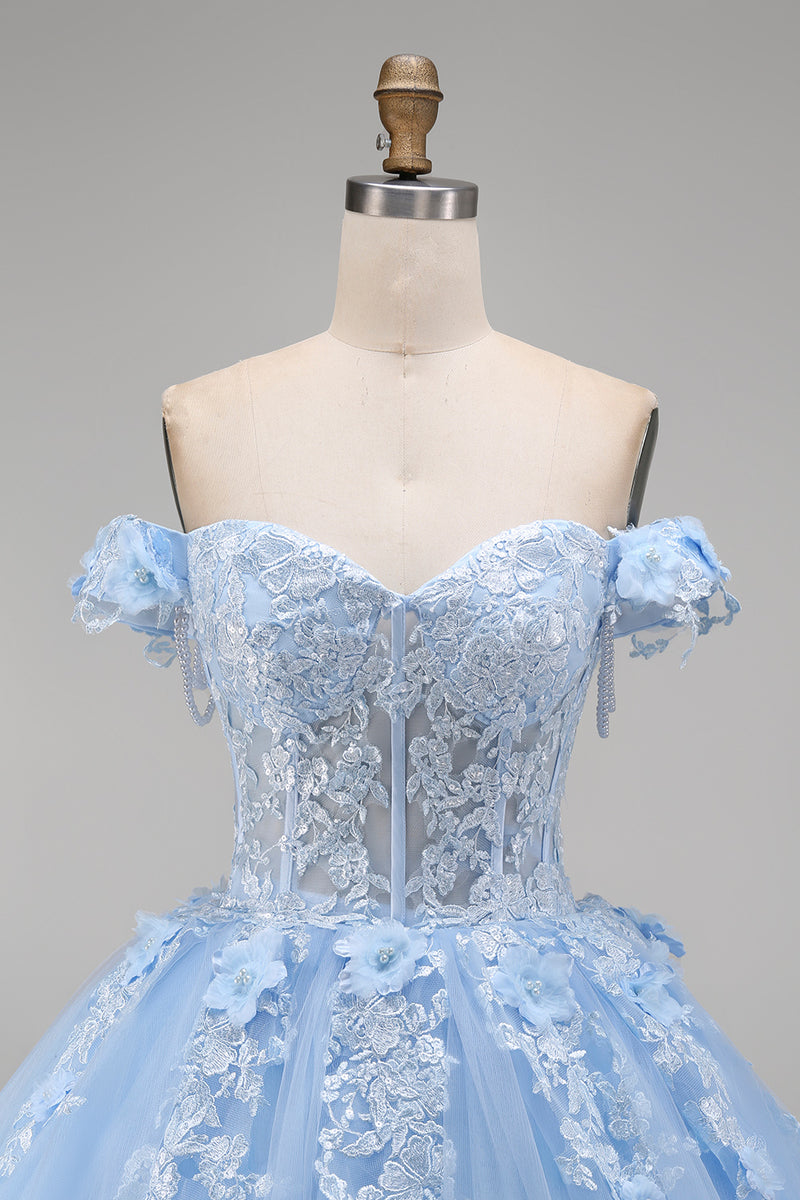 Load image into Gallery viewer, Floral Long Corset Princess Light Blue Quinceanera Dress with Pearls
