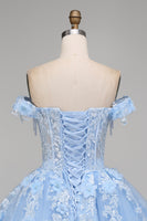 Load image into Gallery viewer, Floral Long Corset Princess Light Blue Quinceanera Dress with Pearls