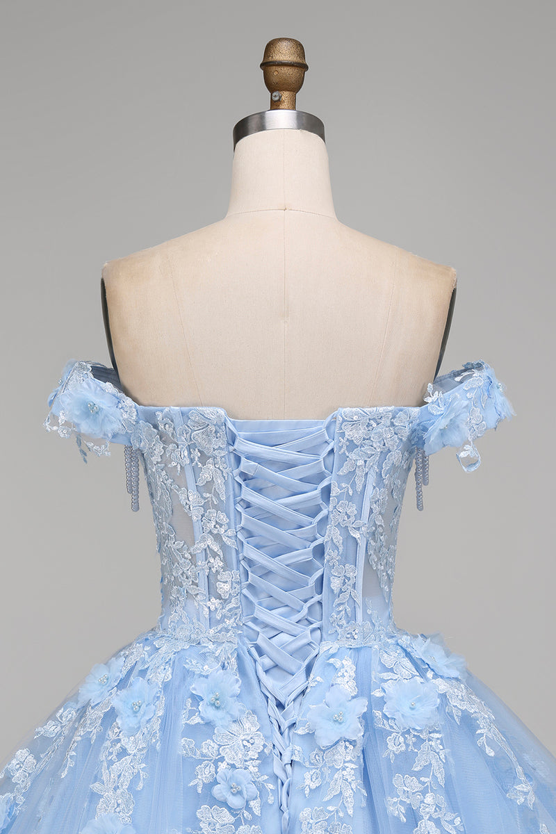 Load image into Gallery viewer, Floral Long Corset Princess Light Blue Quinceanera Dress with Pearls