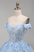 Load image into Gallery viewer, Floral Long Corset Princess Light Blue Quinceanera Dress with Pearls