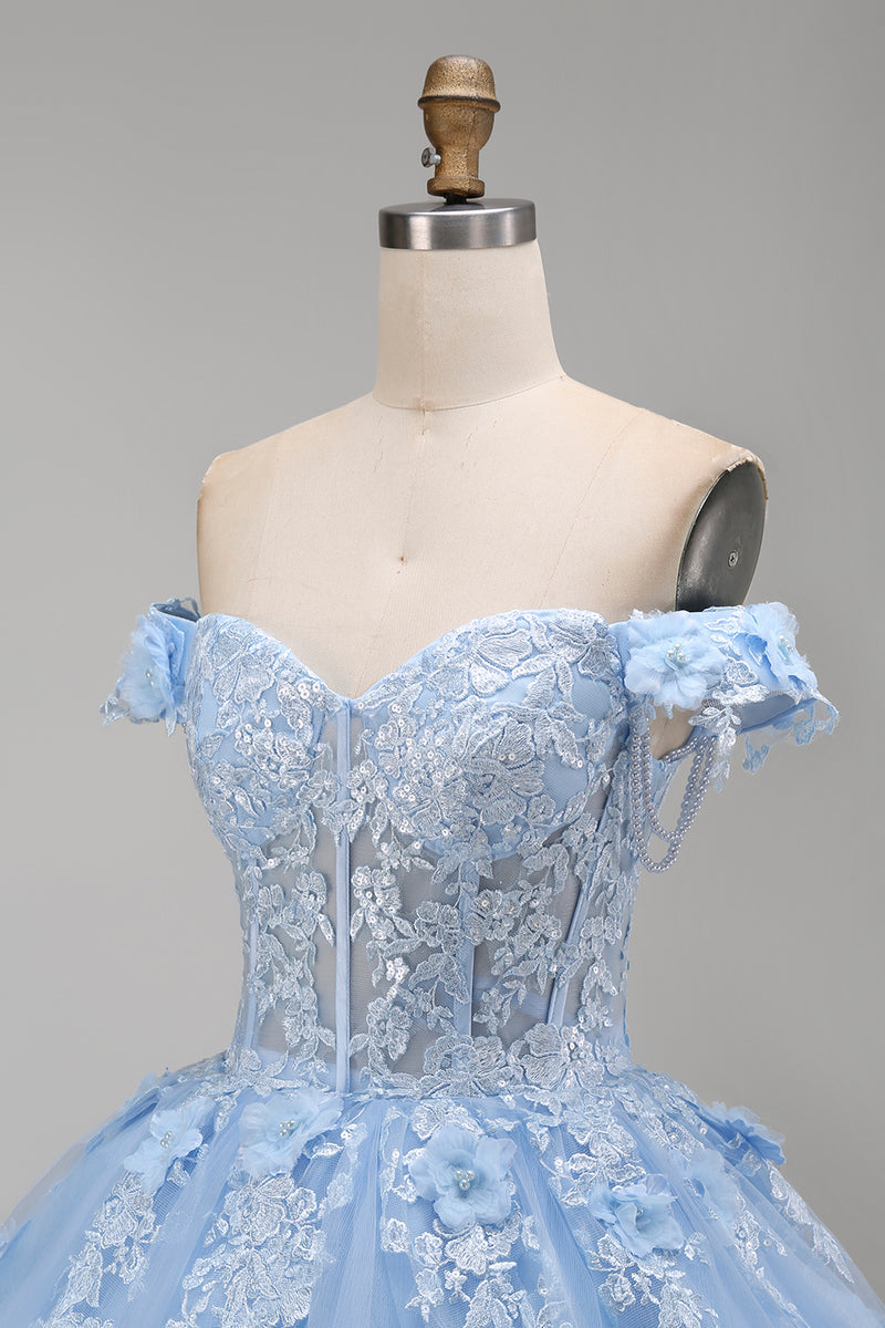 Load image into Gallery viewer, Floral Long Corset Princess Light Blue Quinceanera Dress with Pearls