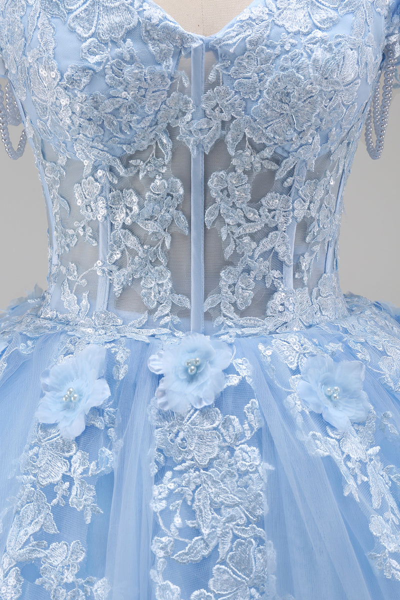Load image into Gallery viewer, Floral Long Corset Princess Light Blue Quinceanera Dress with Pearls