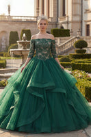 Load image into Gallery viewer, Dark Green Princess Floral Off the Shoulder Long Quinceanera Dress with Ruffles
