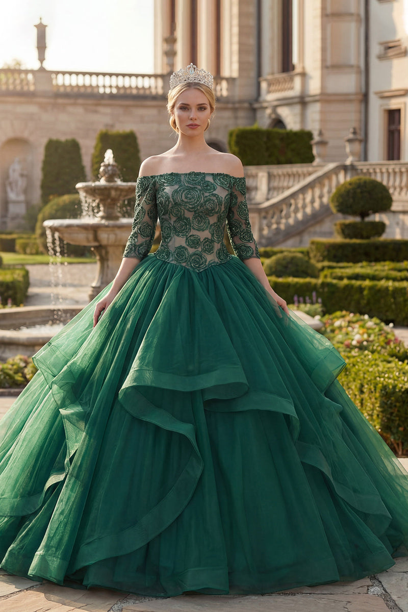 Load image into Gallery viewer, Dark Green Princess Floral Off the Shoulder Long Quinceanera Dress with Ruffles