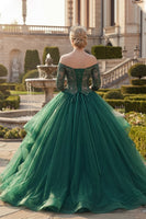 Load image into Gallery viewer, Dark Green Princess Floral Off the Shoulder Long Quinceanera Dress with Ruffles