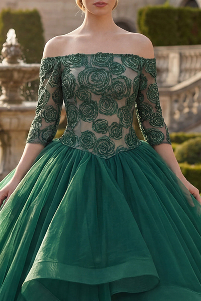 Load image into Gallery viewer, Dark Green Princess Floral Off the Shoulder Long Quinceanera Dress with Ruffles
