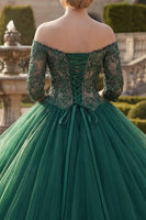 Load image into Gallery viewer, Dark Green Princess Floral Off the Shoulder Long Quinceanera Dress with Ruffles
