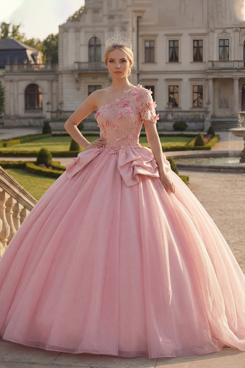 Load image into Gallery viewer, Pink Floral Princess One Shoulder Long Quinceanera Dress with Ruffles