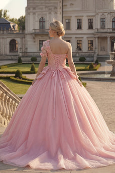 Pink Floral Princess One Shoulder Long Quinceanera Dress with Ruffles