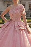 Load image into Gallery viewer, Pink Floral Princess One Shoulder Long Quinceanera Dress with Ruffles