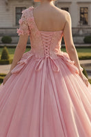 Load image into Gallery viewer, Pink Floral Princess One Shoulder Long Quinceanera Dress with Ruffles