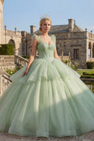 Load image into Gallery viewer, Mint Green Corset Beaded Long Glitter Princess Quinceanera Dress with Ruffles
