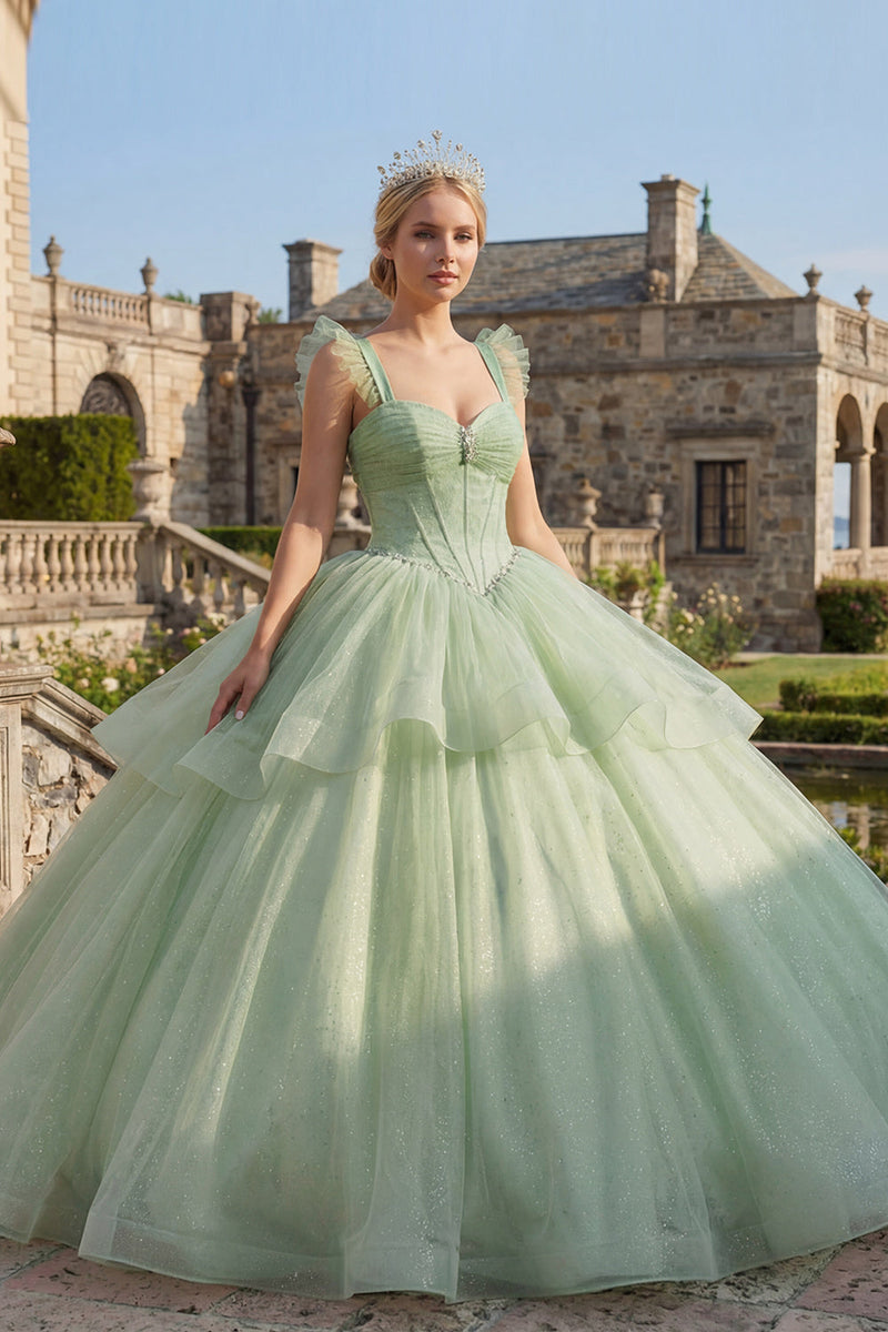 Load image into Gallery viewer, Mint Green Corset Beaded Long Glitter Princess Quinceanera Dress with Ruffles
