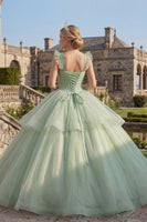 Load image into Gallery viewer, Mint Green Corset Beaded Long Glitter Princess Quinceanera Dress with Ruffles