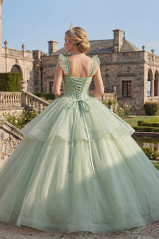 Mint Green Corset Beaded Long Glitter Princess Quinceanera Dress with Ruffles