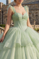 Load image into Gallery viewer, Mint Green Corset Beaded Long Glitter Princess Quinceanera Dress with Ruffles