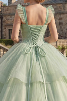 Load image into Gallery viewer, Mint Green Corset Beaded Long Glitter Princess Quinceanera Dress with Ruffles